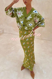Mysterious Magic Knit Eye Heart Pattern Button Up Long Sleeve Loose Cardigan