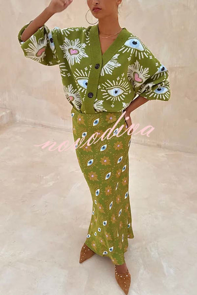 Mysterious Magic Knit Eye Heart Pattern Button Up Long Sleeve Loose Cardigan