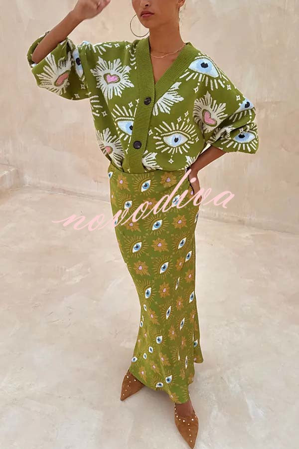 Mysterious Magic Knit Eye Heart Pattern Button Up Long Sleeve Loose Cardigan