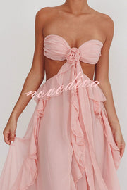 Gorgeous Vacation Halter Rose Detail Cut Out Ruffles Backless Maxi Dress