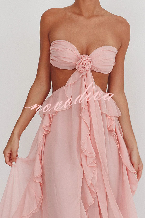 Gorgeous Vacation Halter Rose Detail Cut Out Ruffles Backless Maxi Dress