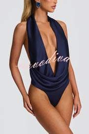 Lara Satin Halter Cowl Neck Bodysuit and Mid-rise Embellished Waistband Layered Hem Skort Set