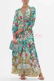 Fairy Tale Print V-Neck Lantern Sleeve Waist Maxi Dress