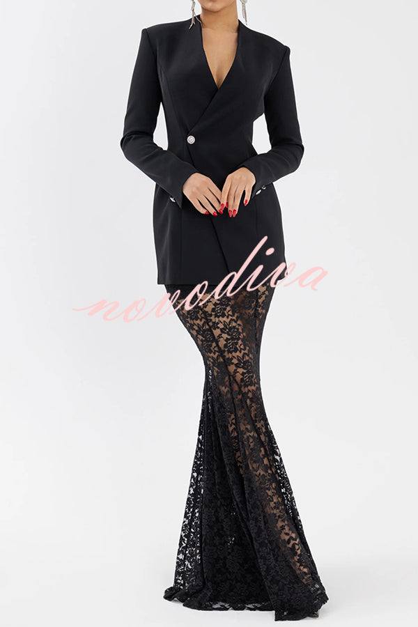 Poetic Muse Stand V-neck Rhinestone Button Up Long Sleeve Blazer