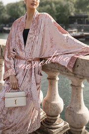 Gorgeous Glossy Velvet Long Bell Sleeve Tie-up Pocket Midi Kimono Coat