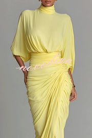 Fashionable High-neck Half-sleeve Waist-cinching Pleated Maxi Dress