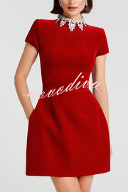 Regan Luxurious Velvet Jewel-encrusted Turtleneck Short Sleeve Pocket Tulip Mini Dress