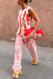 Good Luck Linen Blend Koi Pattern High Rise Elastic Waist Loose Pants
