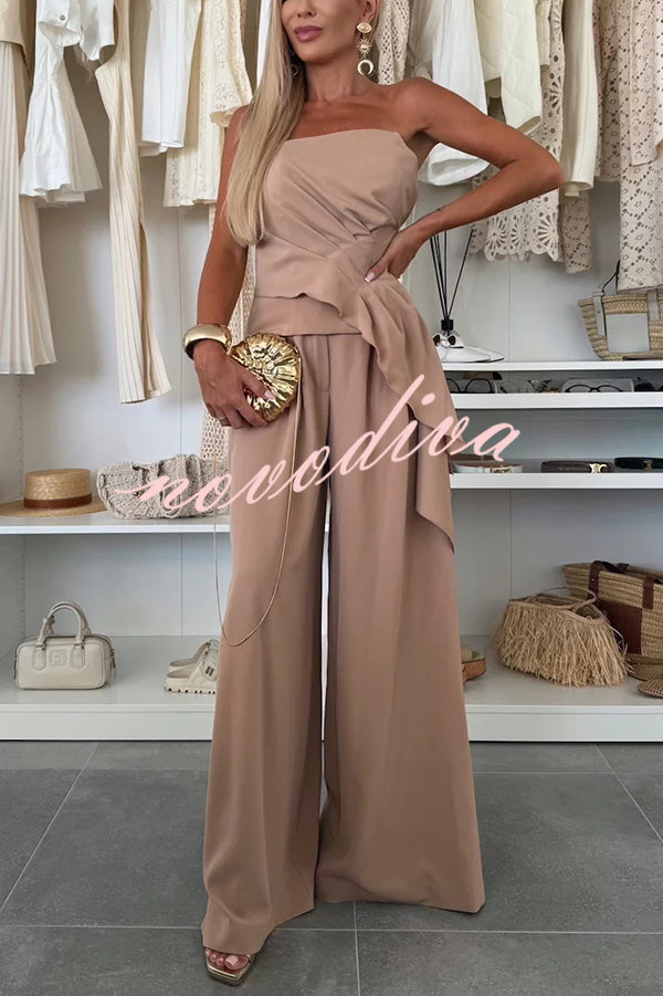 Elegant Solid Color Asymmetric Ruffles Bandeau Top and High Waist Wide Leg Pants Set
