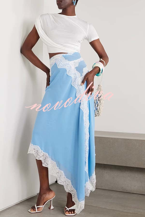 Verve Ribbed Jersey Cutout Waist Asymmetric Satin Lace Hem Maxi Dress