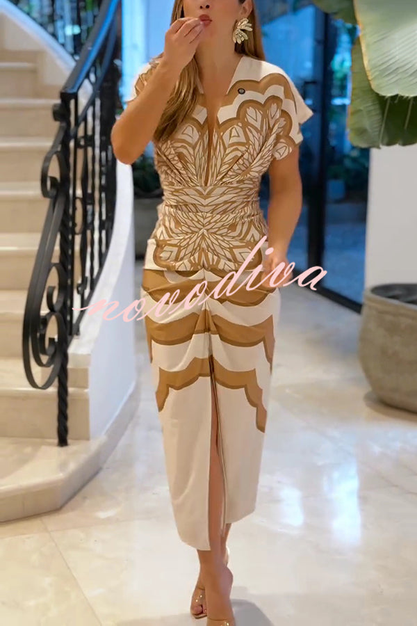 Feona Satin Unique Print V-neck Wide Sleeve Ruched Waist Slit Midi Dress