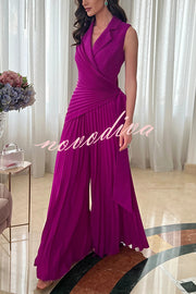 Solid Color Lapel Sleeveless Waist Tie Pleated Wide-leg Jumpsuit