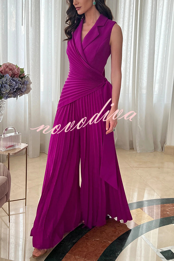 Solid Color Lapel Sleeveless Waist Tie Pleated Wide-leg Jumpsuit
