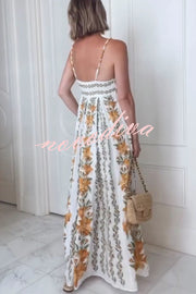 Summer Dreamer Linen Blend Unique Print Beaded Straps Pocketed Maxi Dress