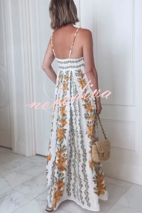 Summer Dreamer Linen Blend Unique Print Beaded Straps Pocketed Maxi Dress