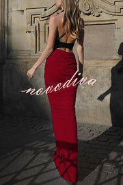 Fashionable Contrast Color Open Back Side Pleated Draped Maxi Dress