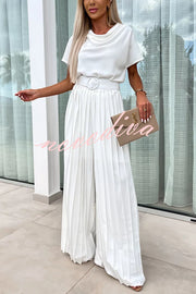 Ivy Cowl Neck Short Sleeve Belt Pleated Loose Wide Leg Jumpsuit