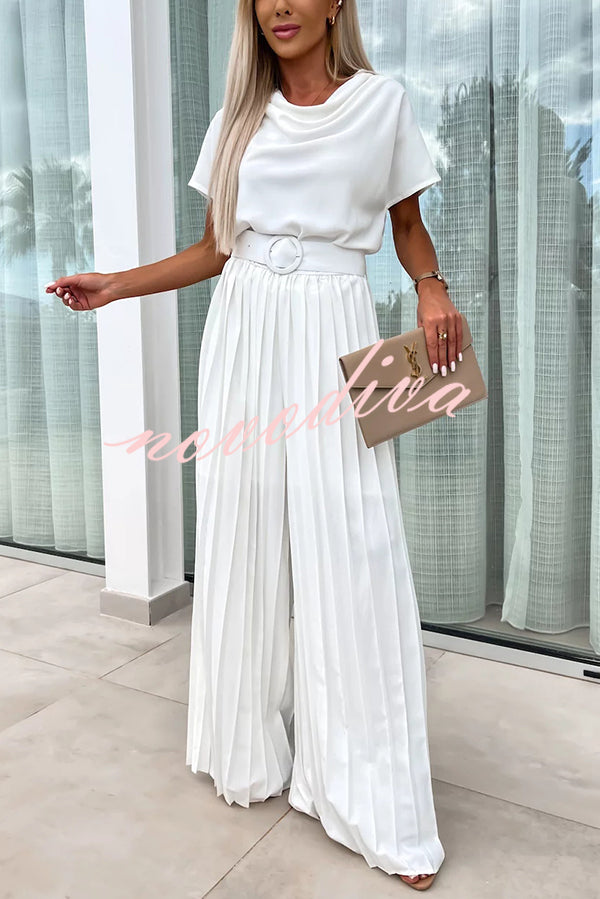 Ivy Cowl Neck Short Sleeve Belt Pleated Loose Wide Leg Jumpsuit