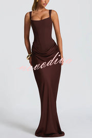 Larrah Square Neck Back Lace-up Satin Drape Hem Maxi Dress