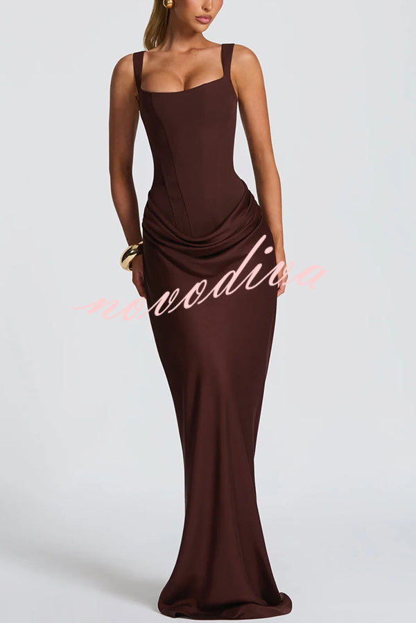 Larrah Square Neck Back Lace-up Satin Drape Hem Maxi Dress