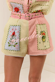 Lily Song Linen Blend Unique Print Short Sleeve Shirt and Belted Pocket Shorts Set