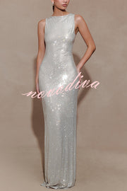 Holiday Nights Sequin Boat Neck Sleeveless Slit Maxi Dress