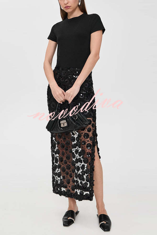 Gorgeous Flower Embellished Sequin Sheer High Rise Slit Midi Skirt