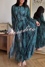 Unique Print One-piece Swimsuit and Cardigan and High Rise Pants Three-piece Set