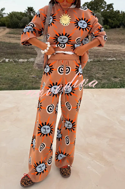Mediterranean Art Knit Unique Sun Vortex Print Elastic Waist Wide Leg Pants
