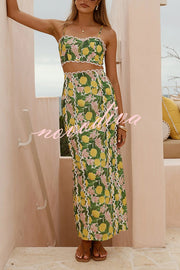 Linen Blend Summer Fruit Print Camisole Top and Elegant Lace Back Slit Maxi Skirt Set