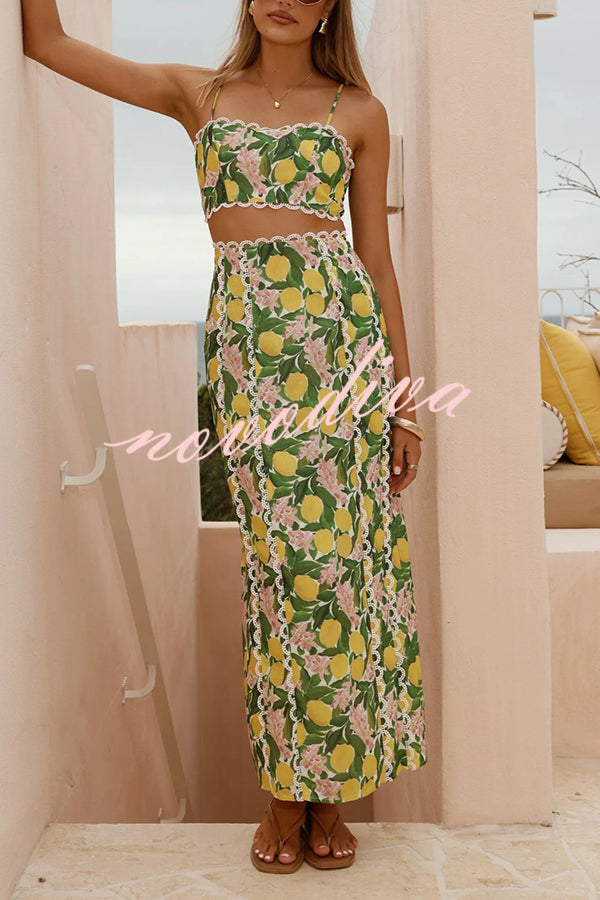 Linen Blend Summer Fruit Print Camisole Top and Elegant Lace Back Slit Maxi Skirt Set