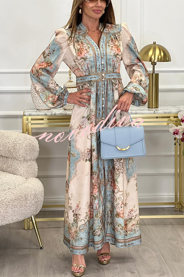 Fresh Pickings Floral Bohemian Print Balloon Sleeve Button Up Maxi Dress