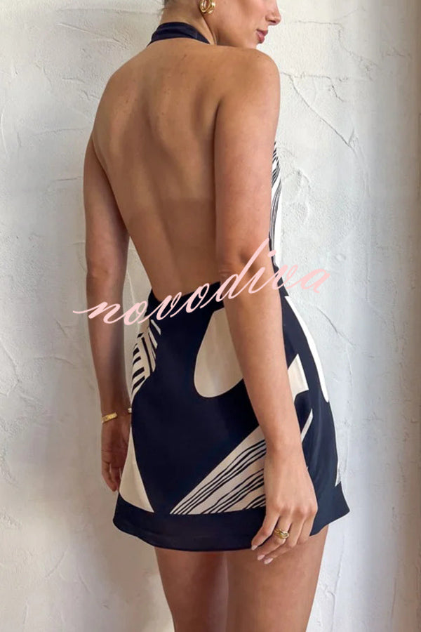 Unique Printed Open Back Waist Tie Holiday Mini Dress