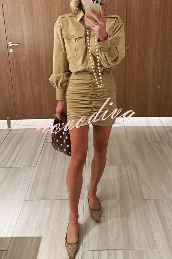 Soraya Epaulette Button Design Long Sleeve Ruched Hem Shirt Mini Dress