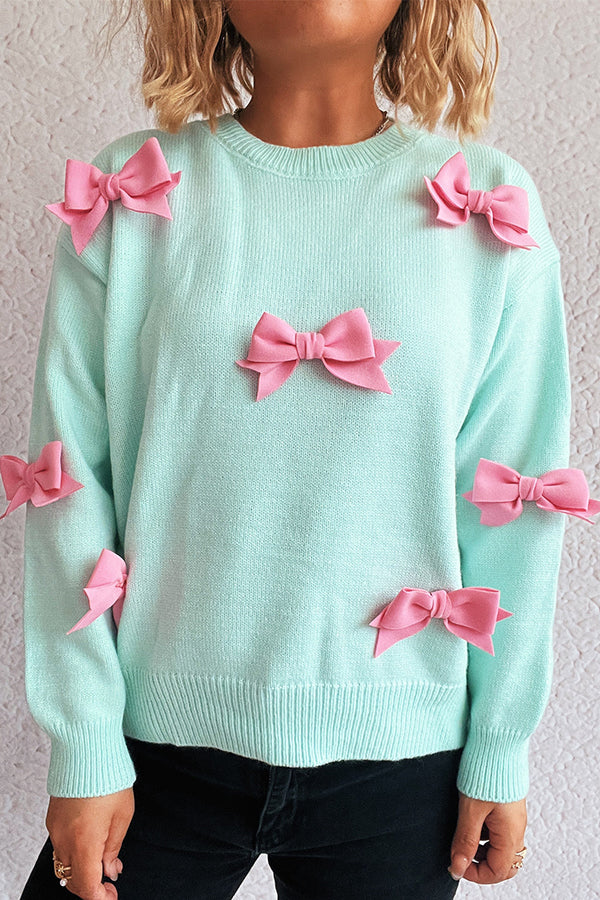 Sweet Bow-knot Casual Round Neck Long-sleeved Knit Sweater