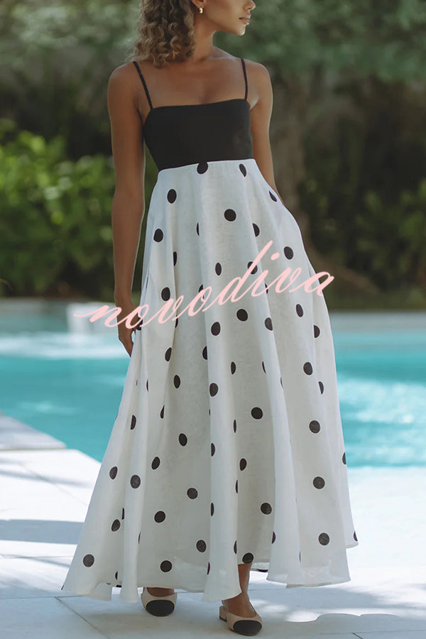 Alias Linen Blend Polka Dot Colorblock Back Smocked Pocket Slip Maxi Dress