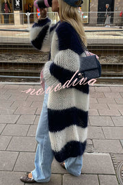 Fashionable Contrast Stripes Lazy Style Loose Long Knitted Cardigan
