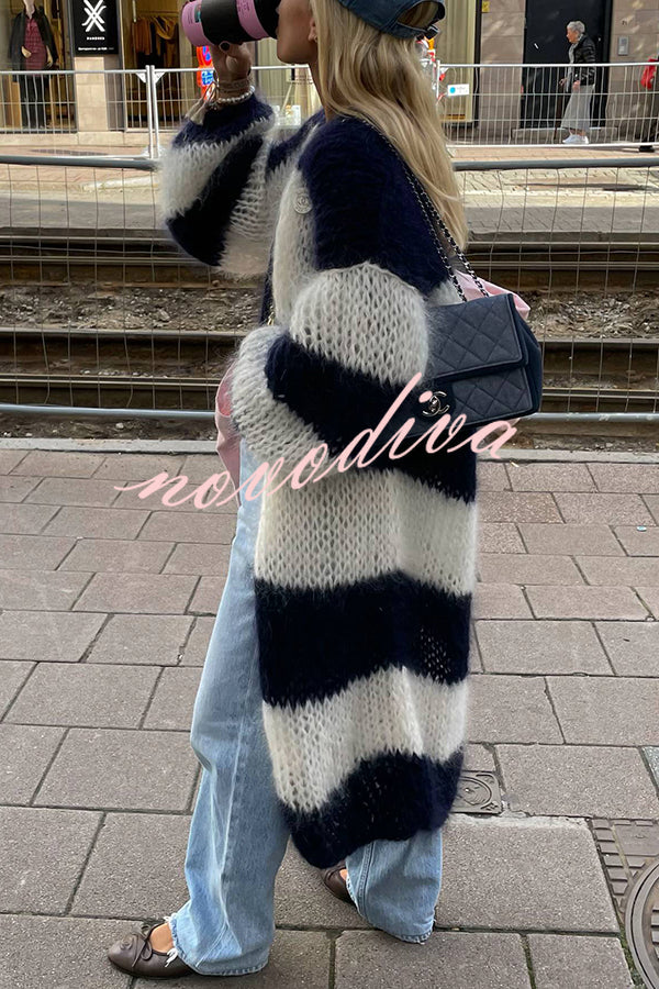 Fashionable Contrast Stripes Lazy Style Loose Long Knitted Cardigan