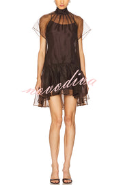 Cocktail Attire Sheer Organza Wide Sleeve Back Bow Layered A-line Mini Dress