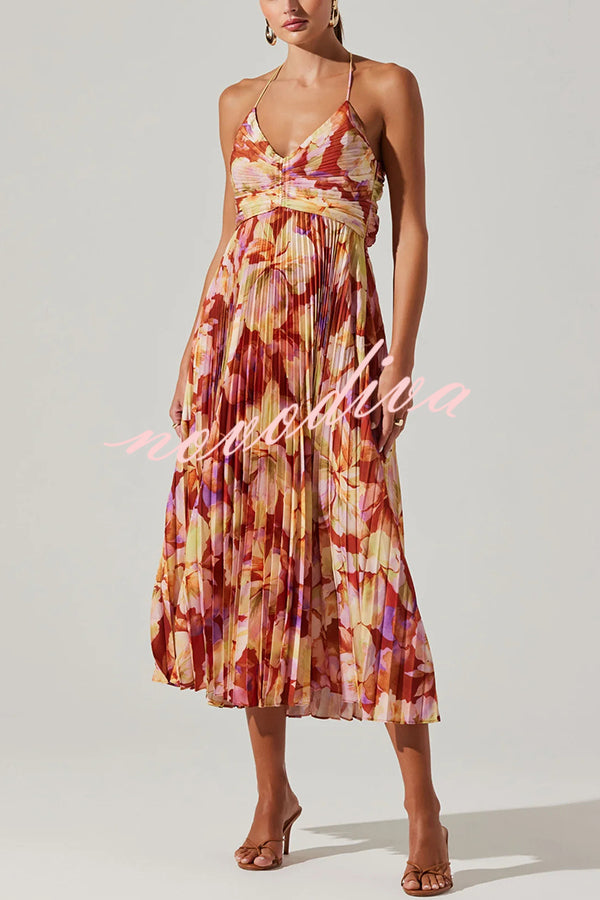 Wedding Party Season Floral Print Pleated Back Tie-up Midi Dress