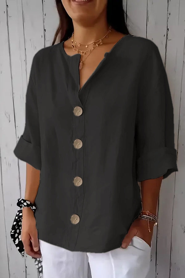 Solid Color V-neck Loose Button Top