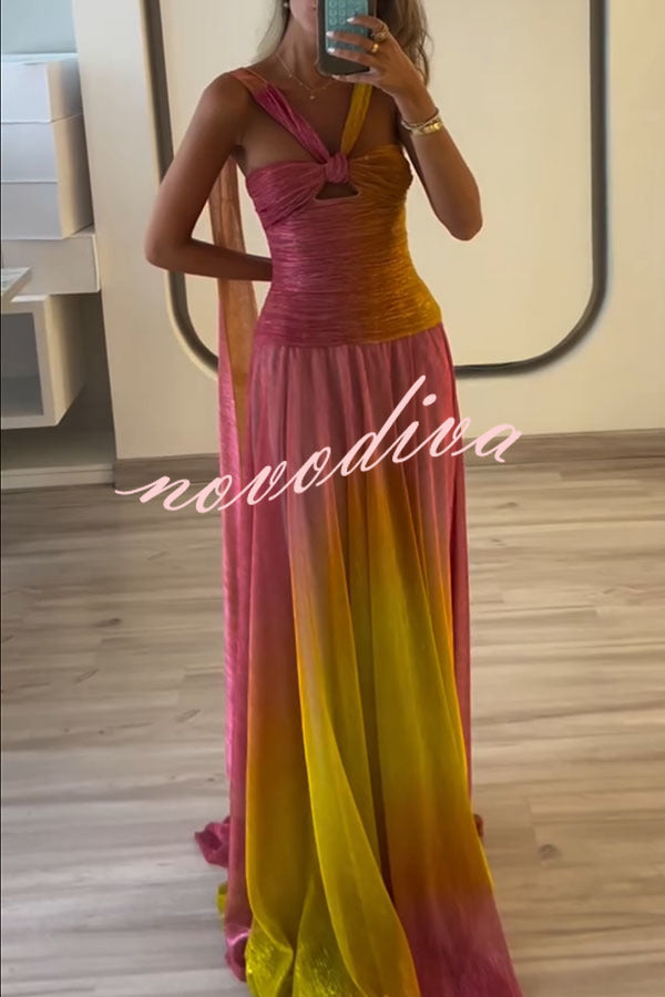 Vireya Metallic Fabric Gradient Print Ruched Cutout Halter Maxi Dress