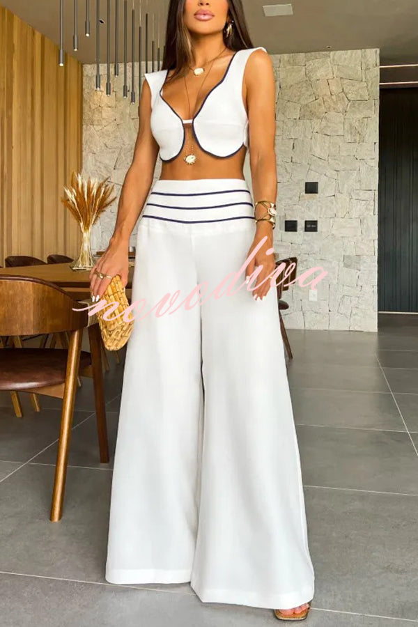 Solid Color Sexy V-neck Sleeveless Top and High-waisted Loose Pants Set