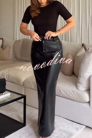 Classic Feel Faux Leather Mid Rise Pocket Slit Stretch Maix Skirt