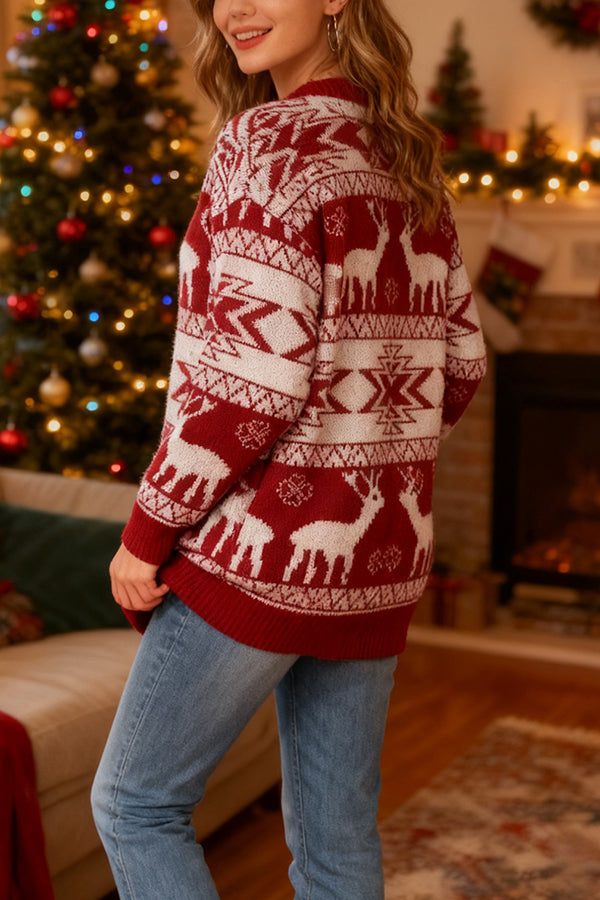 Christmas Reindeer Pattern Loose Long-sleeved Knit Cardigan