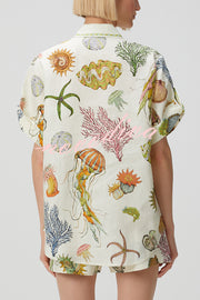 Beach Shell Print Short Sleeve Loose Shirt and Elastic Waist Tie Casual Pocket Shorts Set
