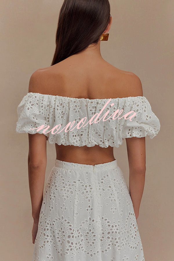Arla Embroidered Lace Hollow Off Shoulder Bubble Crop Top