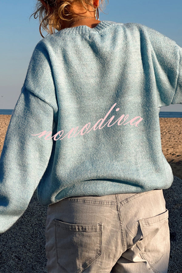 Letter Pattern Crew Neck Long Sleeve Loose Knit Sweater