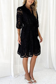 Solid Color Lace Cutout Balloon Sleeves and Waist Tie Mini Dress