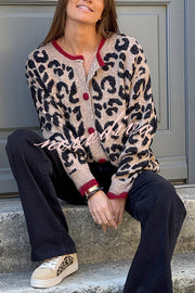 Leopard Print Crew Neck Long-sleeved Loose Knit Cardigan